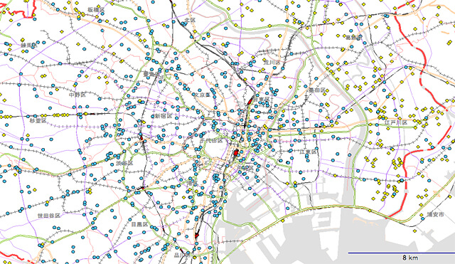 Figure 3  Distribution of indoor rental storage and container storage around the Yamanote Line, Tokyo