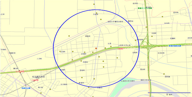 Figure 5 Distribution of indoor rental storage and container storage around the central commercial district of Nagoya